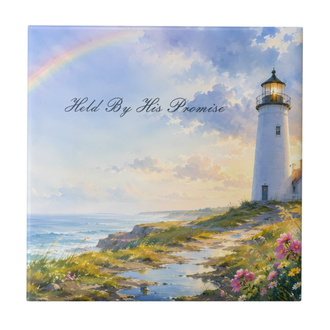 Rainbow Lighthouse Coastal Watercolor Ceramic Tile (Front)