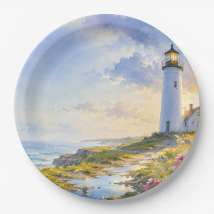 Rainbow Lighthouse Coastal Watercolor Paper Plates