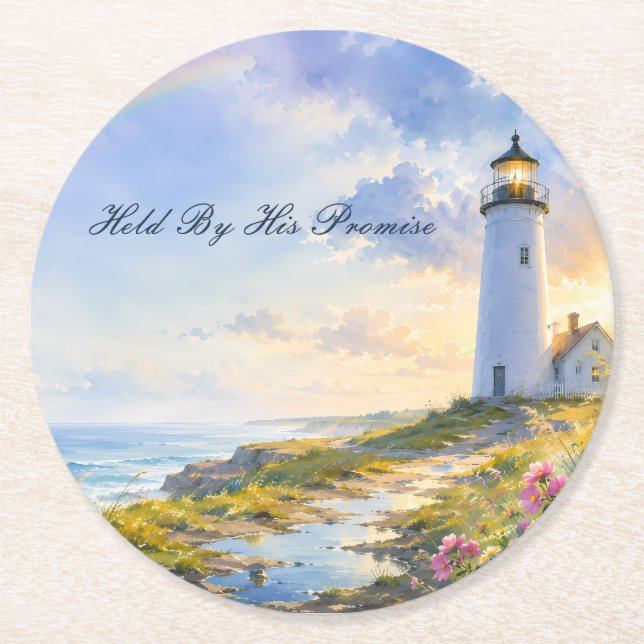 Rainbow Lighthouse Coastal Watercolor Round Paper Coaster (Front)
