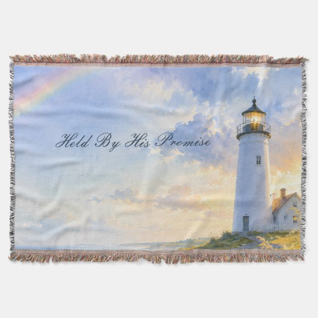 Rainbow Lighthouse Coastal Watercolor Throw Blanket (Front)