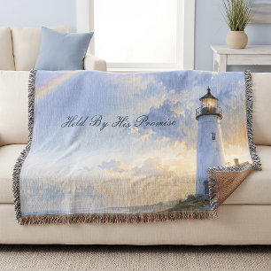 Rainbow Lighthouse Coastal Watercolor Throw Blanket