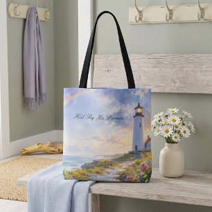 Rainbow Lighthouse Coastal Watercolor Tote Bag