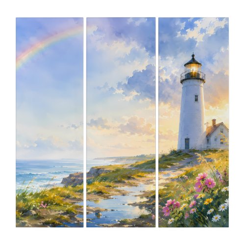 Rainbow Lighthouse Coastal Watercolor Triptych