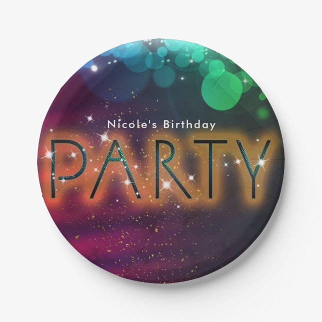 Rainbow Lights Sparkle Dance Club Birthday Party Paper Plates (Front)