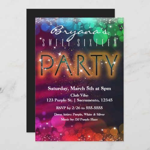 Rainbow Lights Sparkle Dance Club Party Invitation