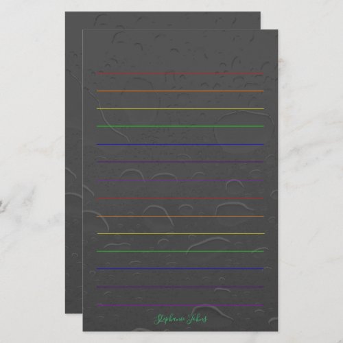 Rainbow Lines Custom Name Grey Water Drop Art Stationery