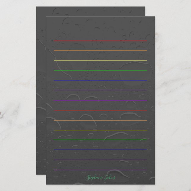 Rainbow Lines Custom Name Grey Water Drop Art Stationery (Front/Back)