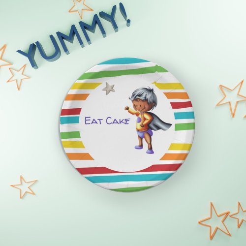 Rainbow Lines Eat Cake Superhero Baby Birthday Paper Plates