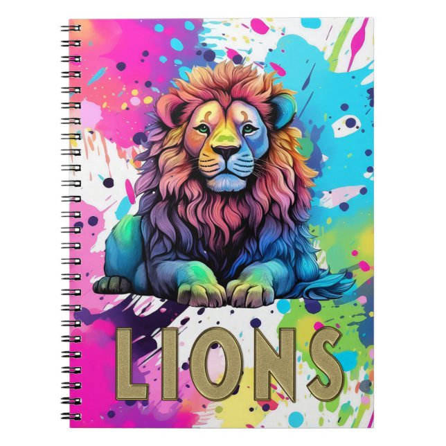 Rainbow Lion with Paint Splatter Kids Notebook (Front)