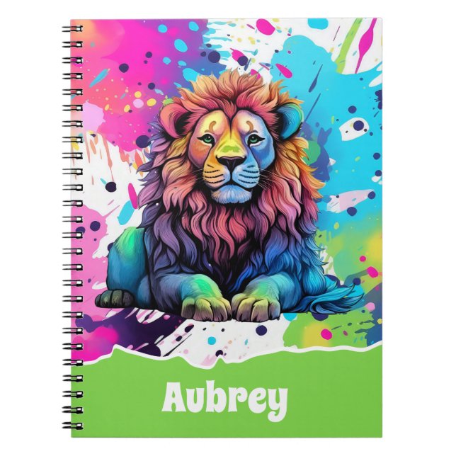 Rainbow Lion with Paint Splatter Kids Notebook (Front)