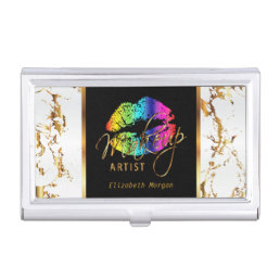 Rainbow Lips on Gold &amp; White Marble Business Card Case