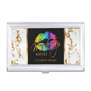 Rainbow Lips on Gold & White Marble Business Card Case
