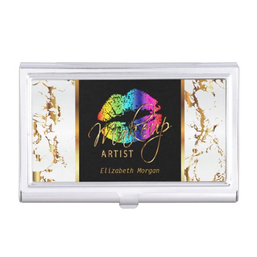 Rainbow Lips on Gold  White Marble Business Card Case