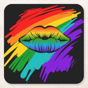 Rainbow Lips Square Paper Coaster