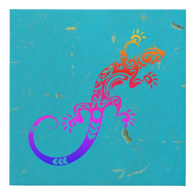 Rainbow Lizard on Blue Wall Faux Canvas Print (Front)