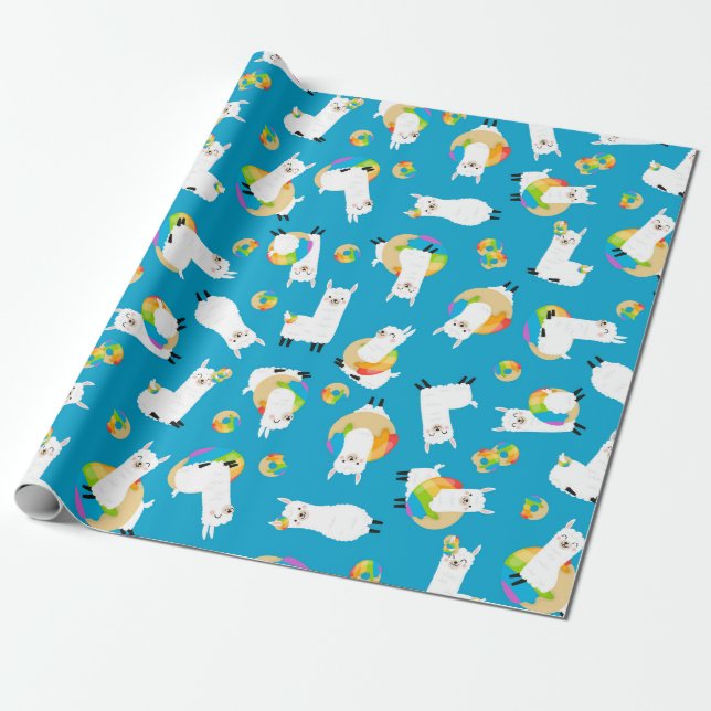 Rainbow Llama Donuts Kids Adorable Wrapping Paper (Unrolled)