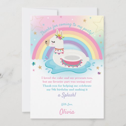 Rainbow Llama Fun Pool Party Birthday Girl Thank You Card
