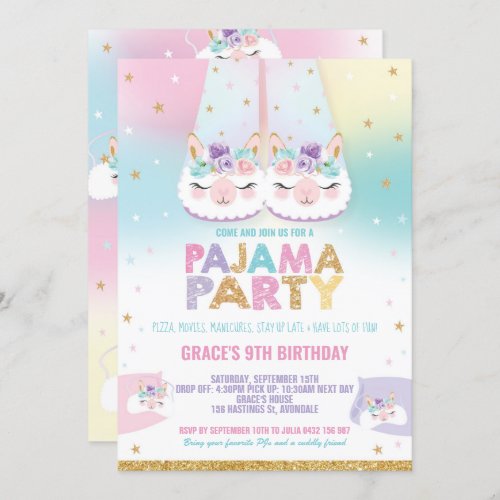 Rainbow Llama Pajama Birthday Party Sleepover Invitation