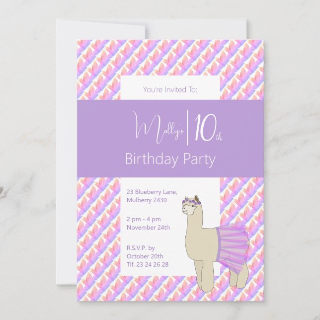 Rainbow Llama Purple Girls 10th Birthday Invitation (Front)
