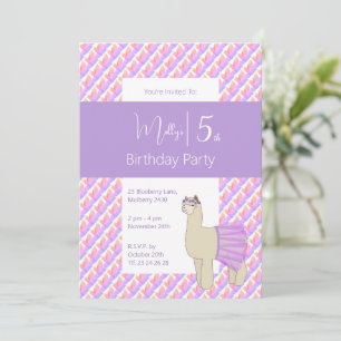 Rainbow Llama Purple Girls Birthday Invitation