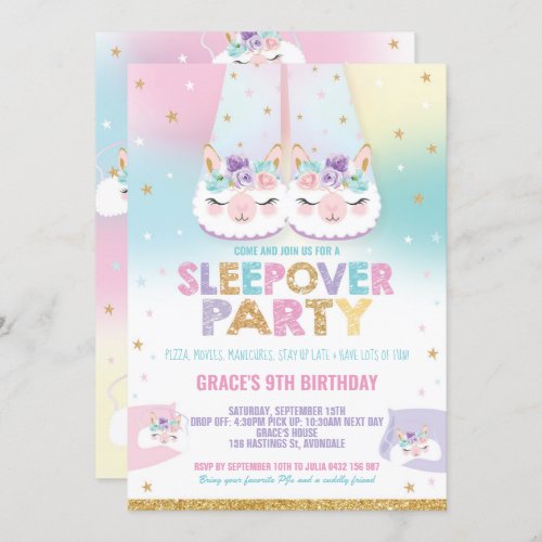Rainbow Llama Sleepover Birthday Party Pajama Invitation