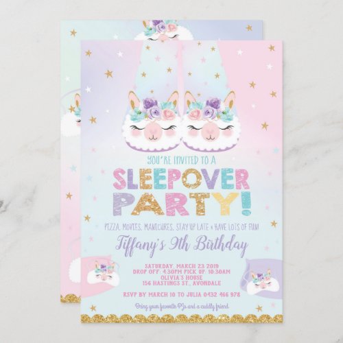 Rainbow Llama Sleepover Birthday Party Slumber Invitation