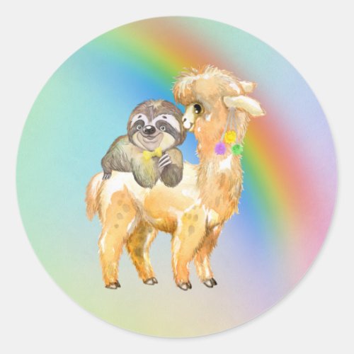 Rainbow Llama Sloth Adorable Classic Round Sticker