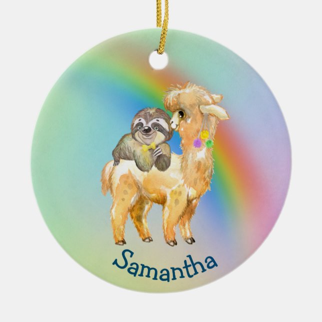 Rainbow Llama Sloth Personalized Adorable Ceramic Ornament (Front)