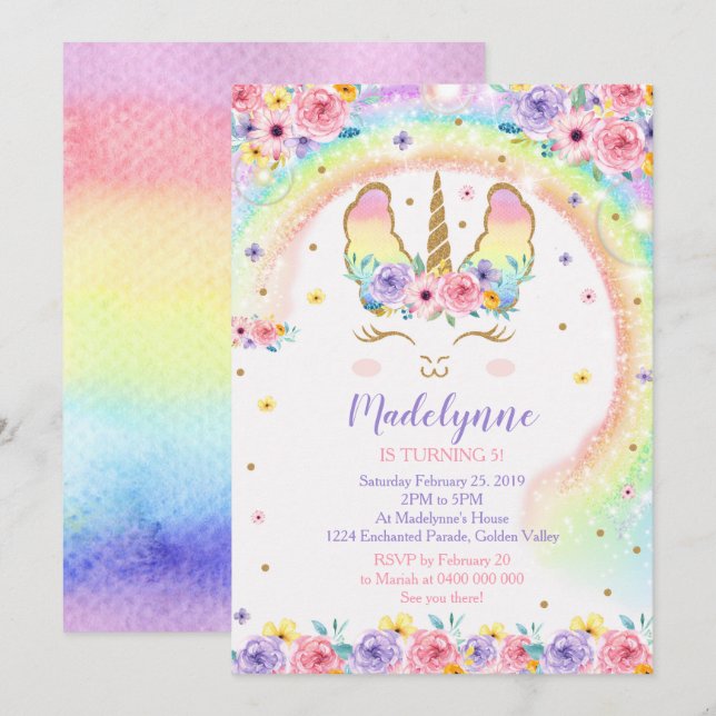 Rainbow Llamacorn Invitation - Llamacorn (Front/Back)