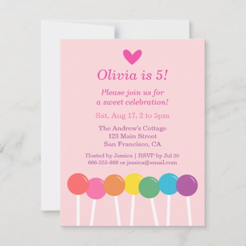 Rainbow Lollipop Candy Birthday Party Invitations