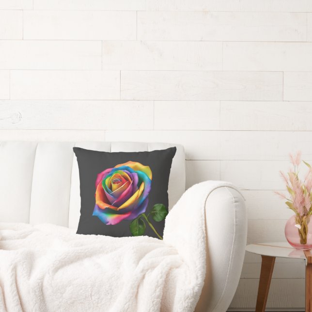 Rainbow Long Stem Rose- Throw Pillow (Couch)