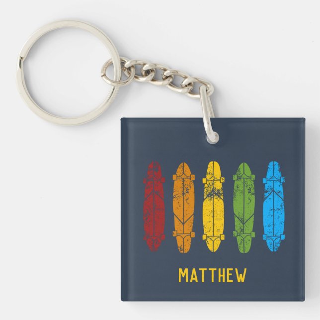 Rainbow Longboards Skateboards Personalized Keychain (Front)