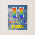 [ Thumbnail: Rainbow Look "11" & "Happy Birthday", Cloudy Sky Jigsaw Puzzle ]