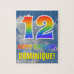 [ Thumbnail: Rainbow Look "12" & "Happy Birthday", Cloudy Sky Jigsaw Puzzle ]