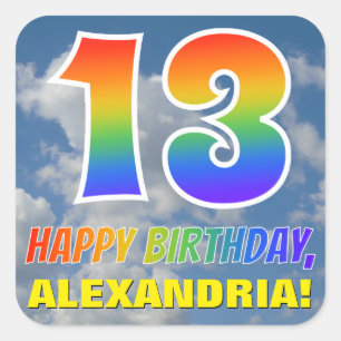 Rainbow Look "13" & "HAPPY BIRTHDAY", Clouds, Sky Square Sticker