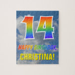 [ Thumbnail: Rainbow Look "14" & "Happy Birthday", Cloudy Sky Jigsaw Puzzle ]
