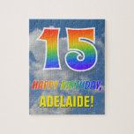 [ Thumbnail: Rainbow Look "15" & "Happy Birthday", Cloudy Sky Jigsaw Puzzle ]