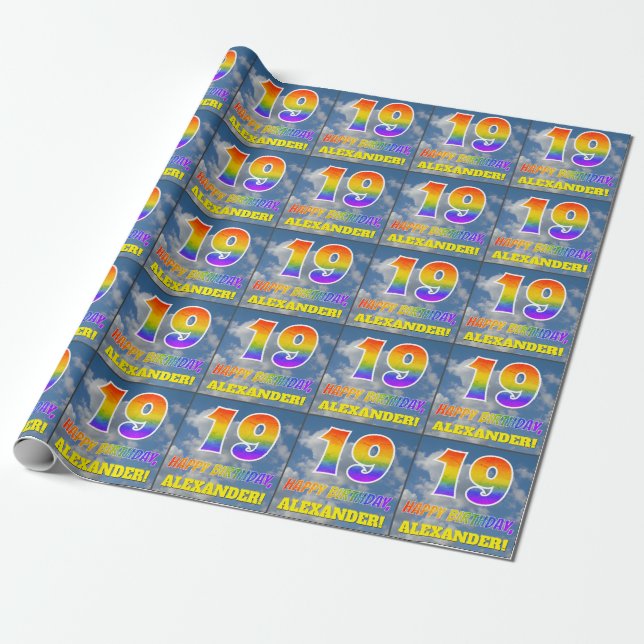 Rainbow Look "19" & "HAPPY BIRTHDAY", Clouds, Sky Wrapping Paper (Unrolled)