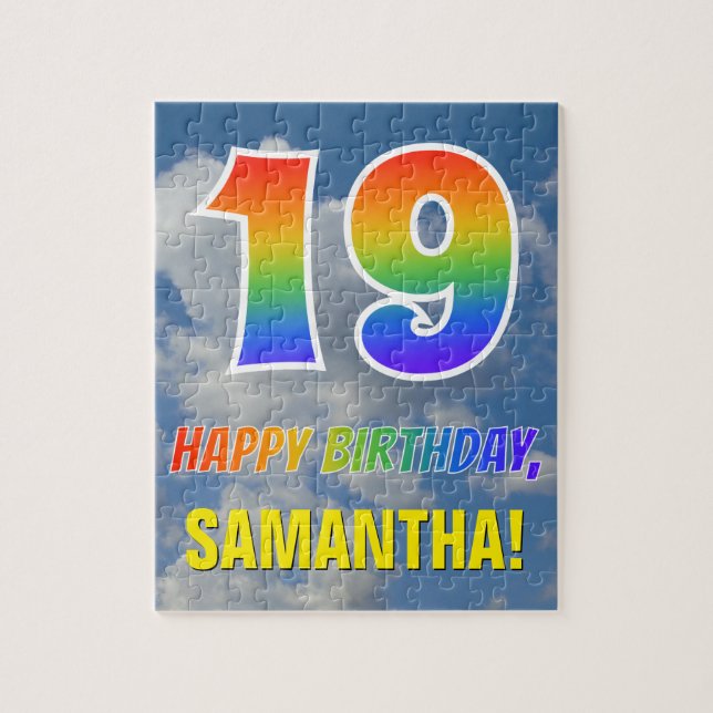 Rainbow Look "19" & "HAPPY BIRTHDAY", Cloudy Sky Jigsaw Puzzle (Vertical)
