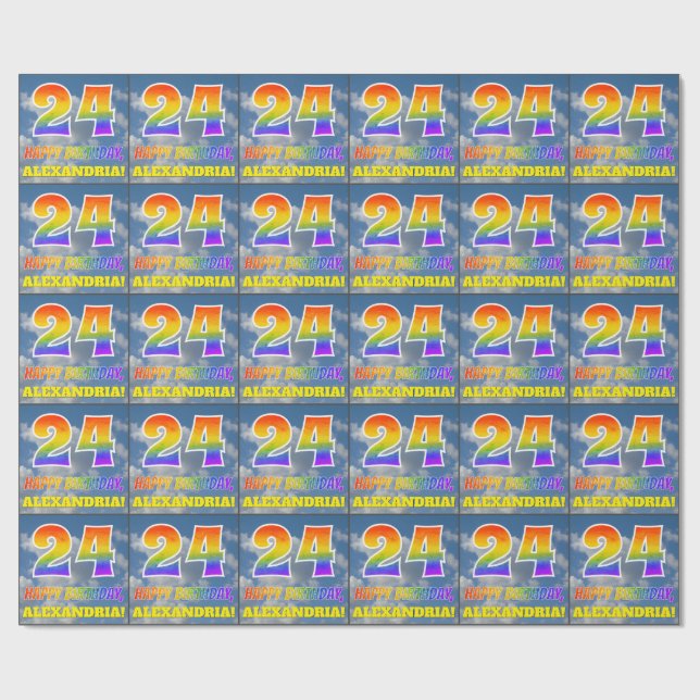 Rainbow Look "24" & "HAPPY BIRTHDAY", Clouds, Sky Wrapping Paper (Flat)