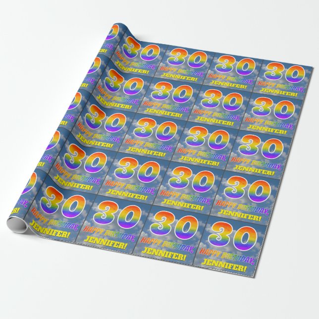 Rainbow Look "30" & "HAPPY BIRTHDAY", Clouds, Sky Wrapping Paper (Unrolled)