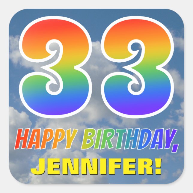 Rainbow Look "33" & "HAPPY BIRTHDAY", Clouds, Sky Square Sticker (Front)