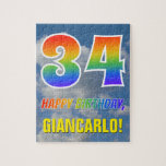 [ Thumbnail: Rainbow Look "34" & "Happy Birthday", Cloudy Sky Jigsaw Puzzle ]