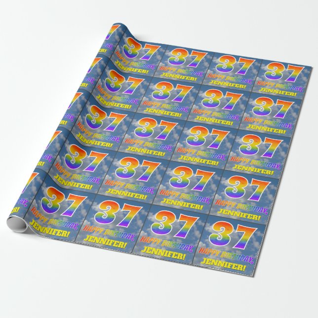 Rainbow Look "37" & "HAPPY BIRTHDAY", Clouds, Sky Wrapping Paper (Unrolled)