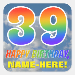 Rainbow Look "39" & "HAPPY BIRTHDAY", Clouds, Sky Square Sticker