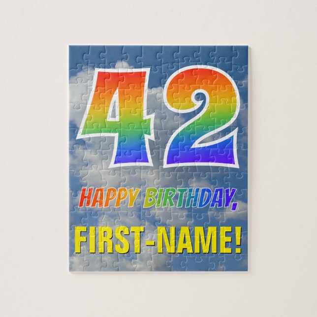 Rainbow Look "42" & "HAPPY BIRTHDAY", Cloudy Sky Jigsaw Puzzle (Vertical)