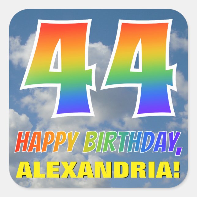 Rainbow Look "44" & "HAPPY BIRTHDAY", Clouds, Sky Square Sticker (Front)