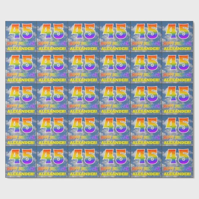 Rainbow Look "45" & "HAPPY BIRTHDAY", Clouds, Sky Wrapping Paper (Flat)
