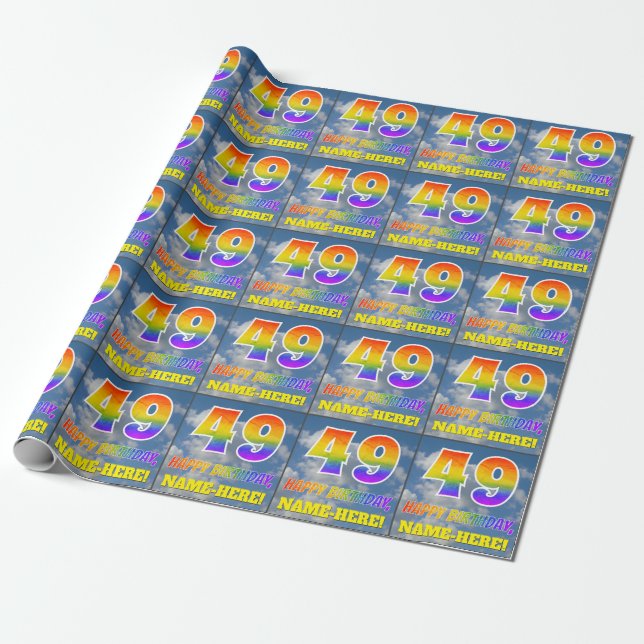 Rainbow Look "49" & "HAPPY BIRTHDAY", Clouds, Sky Wrapping Paper (Unrolled)