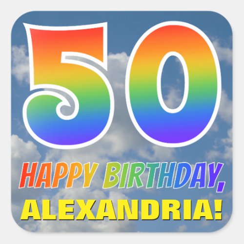 Rainbow Look 50  HAPPY BIRTHDAY Clouds Sky Square Sticker